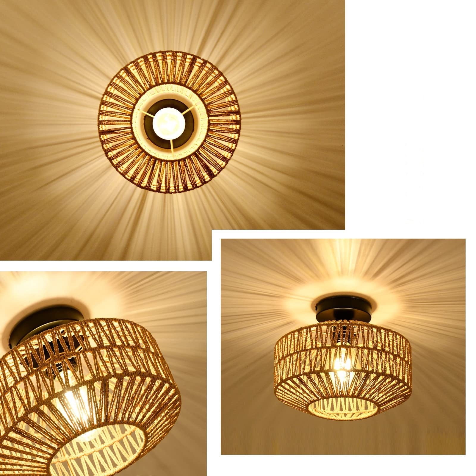KUKIDSVO Boho Ceiling Light, Vintage Rattan Semi Flush Mount Ceiling Light Fixture, Hand Woven Chandelier for Hallway, Bedroom, Kitchen, Living Room, Entryway(1PCS)
