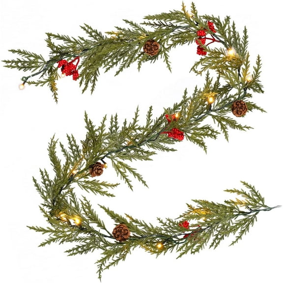 Christmas Garland with Lights, 6 FT Battery Operated Artificial Greenery Garland with Timer, 20 LEDs, Pine Cones and Red Berries for Mantle, Front Door, Stairs Railing Decoration