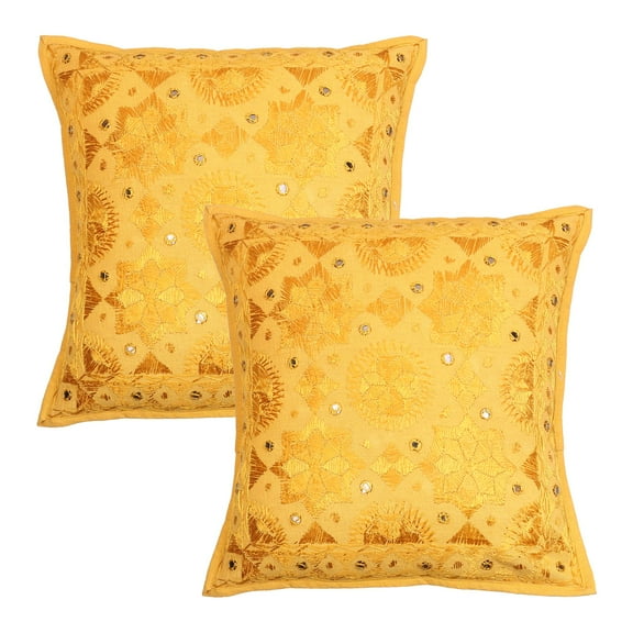 Stylo Culture Indian Sofa Throw Pillow Covers 16 x 16 Embroidered Mustard Yellow Bohemian 40 x 40 cm Lounge Decor Cotton Mirrored Square Cushion Covers | Set Of 2