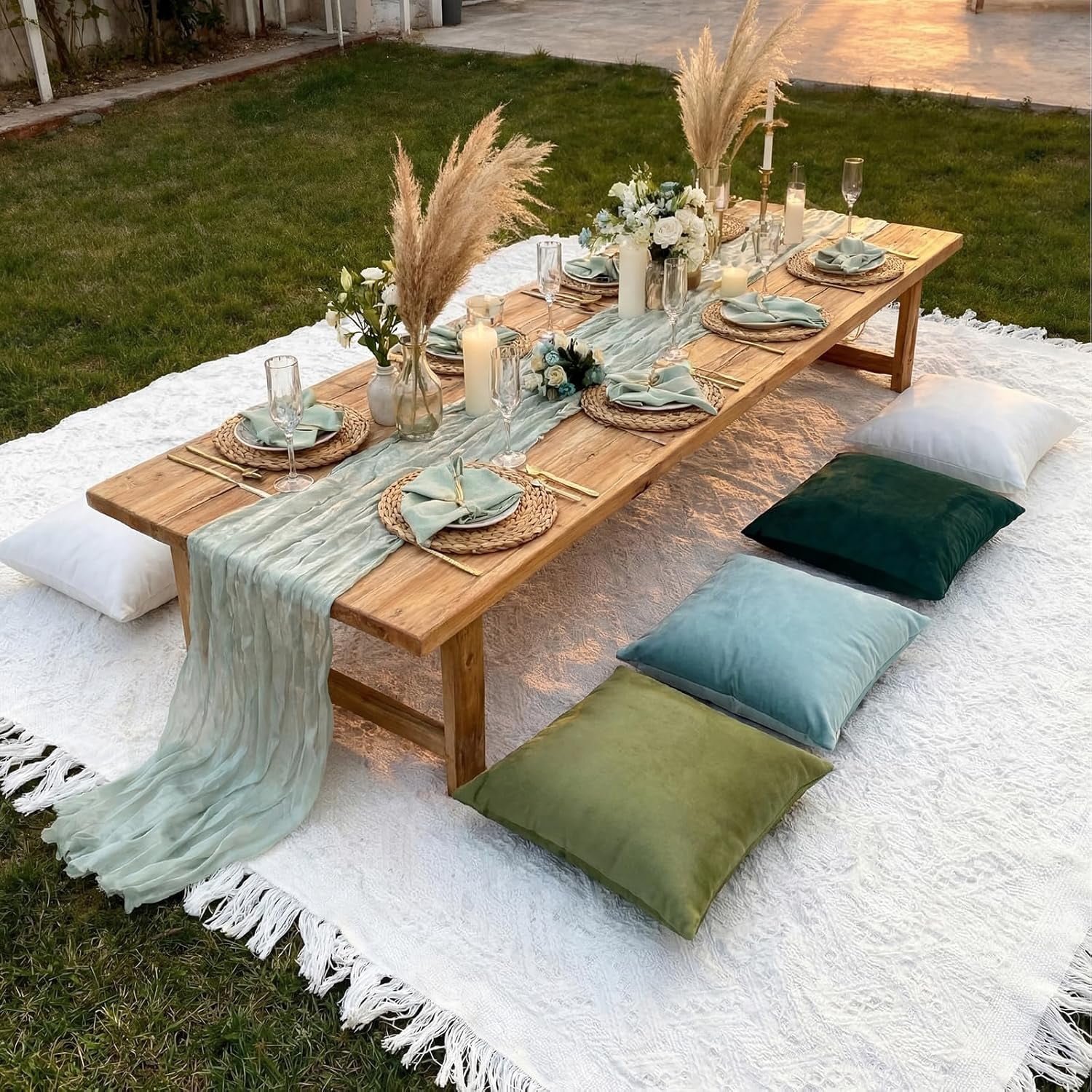 10 Pcs 71''x102'' Extra Large White Outdoor Boho Picnic Blanket with Green Table Runner 8 Throw Pillow Cover Oversized Washable Portable Beach Blanket for Valentine Picnic Camp Lawn Wedding
