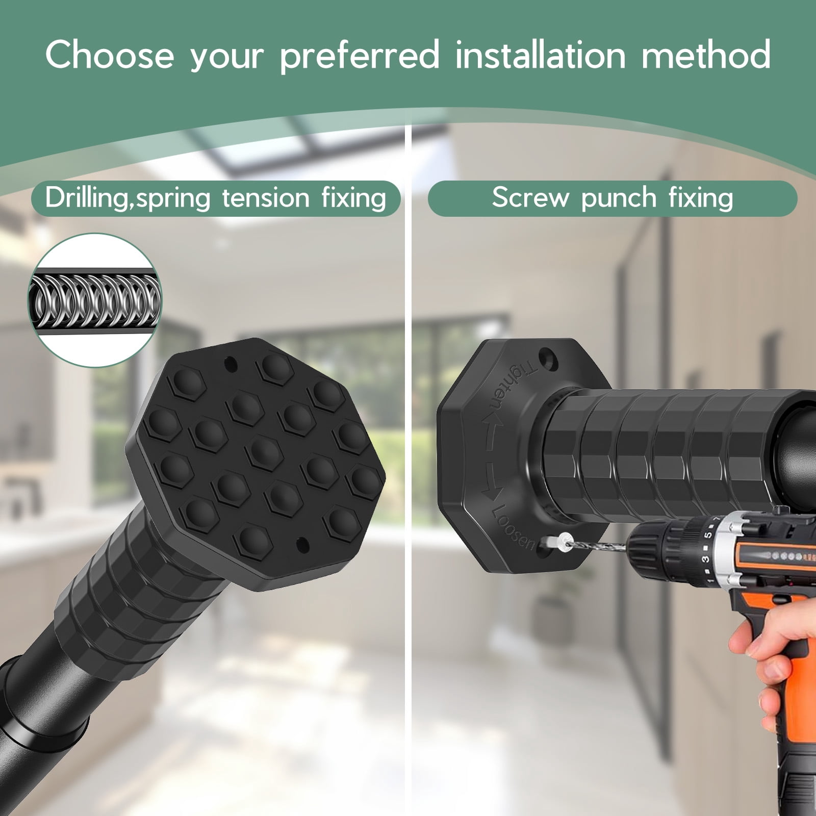 VEGCOO 45-128" Tension Curtain Rod, 2-in-1 Drill-Free or Screw-Fixed Heavy Duty Matte Black Shower Rod for Bathroom Windows Patio