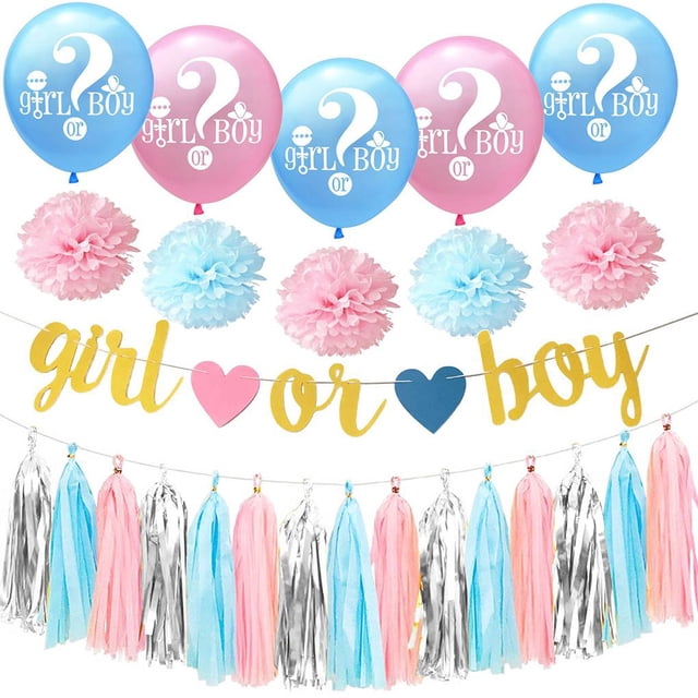 Toystoory 1 Juego de globos para Baby Shower, guirnalda de borlas de papel, pancarta, flor de pompón, globo de látex rosa y azul, suministros Kits de decoración para fiestas