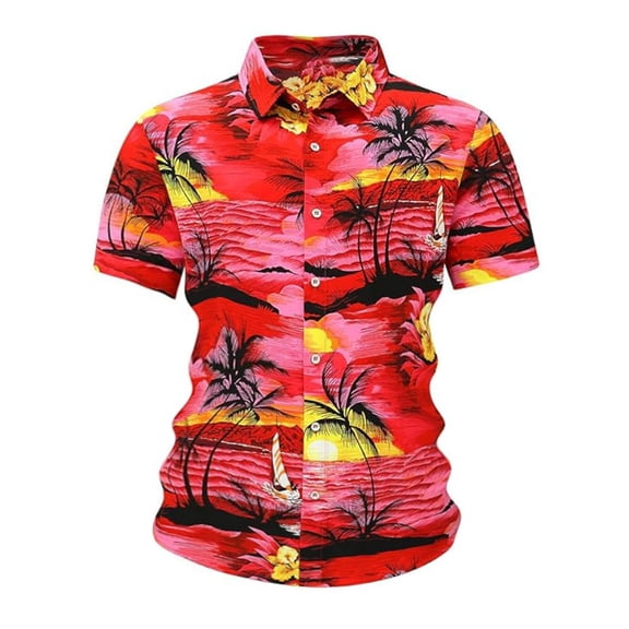 Men's Hawaiian Shirts Casual Printed Short Sleeve Button Down Top Patterns Comfortable Breathable Beach Collar Red Shirts L