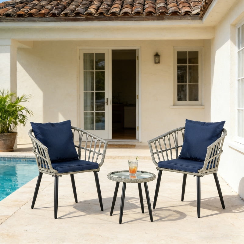 Simenmax 3 Piece Patio Wicker Furniture Set, Outdoor Rattan Chairs with Tempered Glass Coffee Table, Comfortable Washable Cushions for Balcony, Backyard, Poolside, Blue Gray