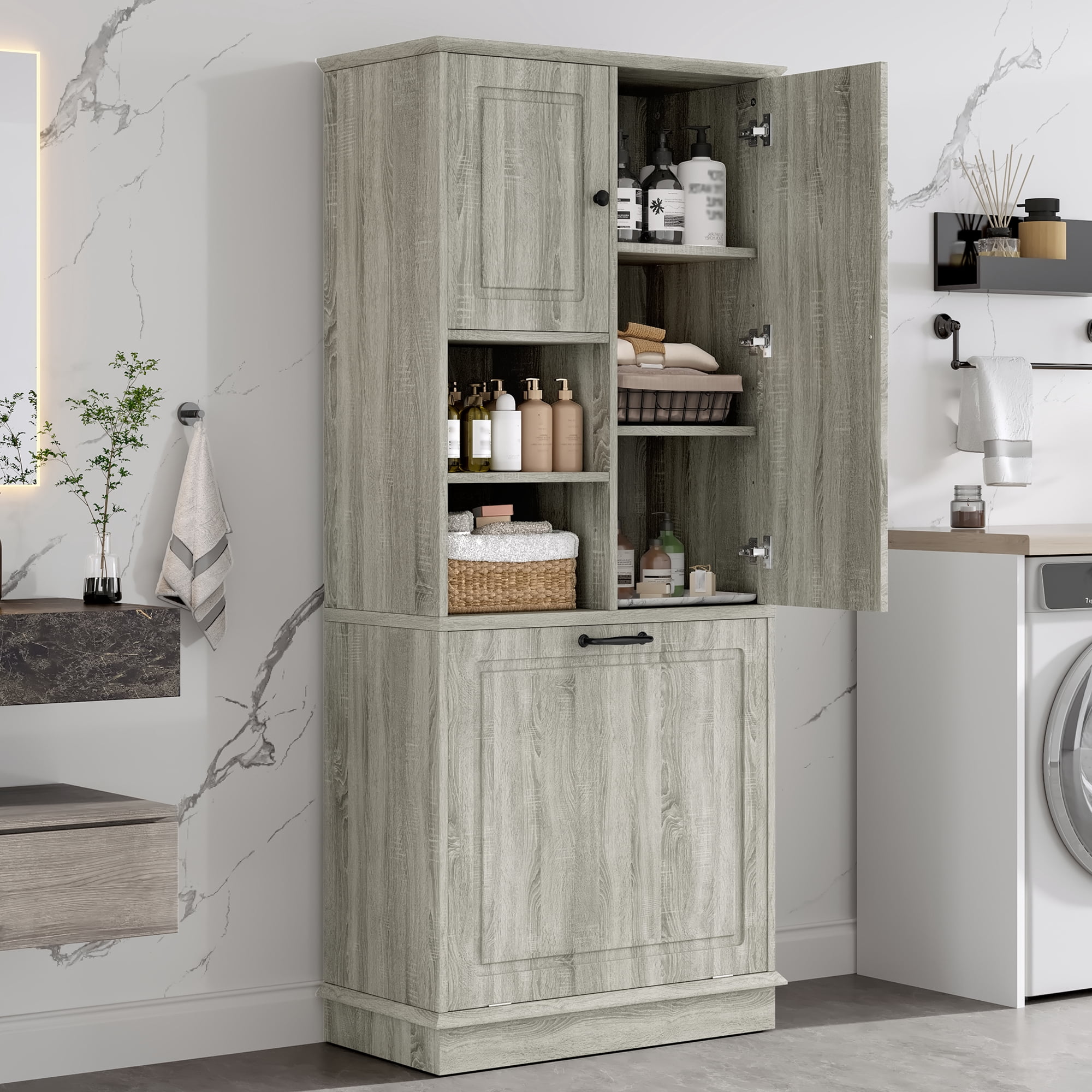 Euroco Tall Storage Cabinet with Adjustable Shelves, Large Flip-Out Basket & Enclosed Cabinets – Perfect for Bathroom, Living Room, or Office, MDF Material with Aluminum Alloy Handles