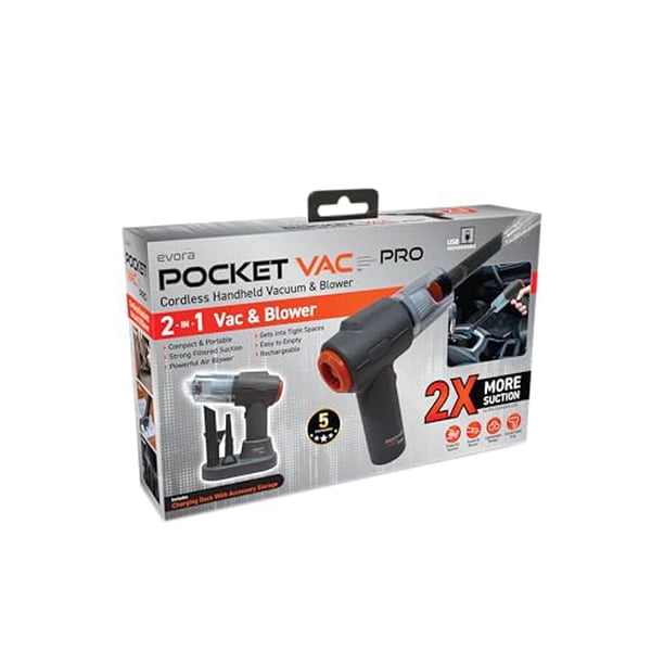 Aspiradora de mano Pocket Vac PRO con base de carga, compacta e inalámbrica, ligera y potente para el hogar, la cocina, el coche, las esquinas, la tapicería y la limpieza de pelos de mascotas, polvo