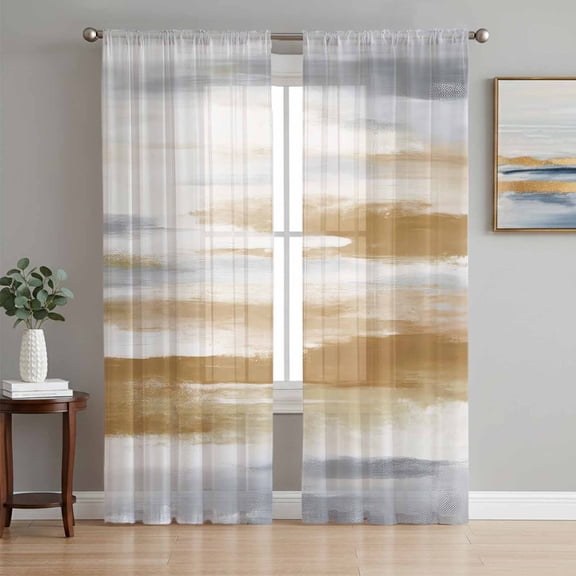 Sheer Curtains 84 Inches Long, Brown Gray White Light Filtering Window Curtains for Living Room, Vintage Rustic Abstract Mottled Art Rod Pocket Voile Sheer Curtain Drapes, 52"W x 84"L, 2 Panels
