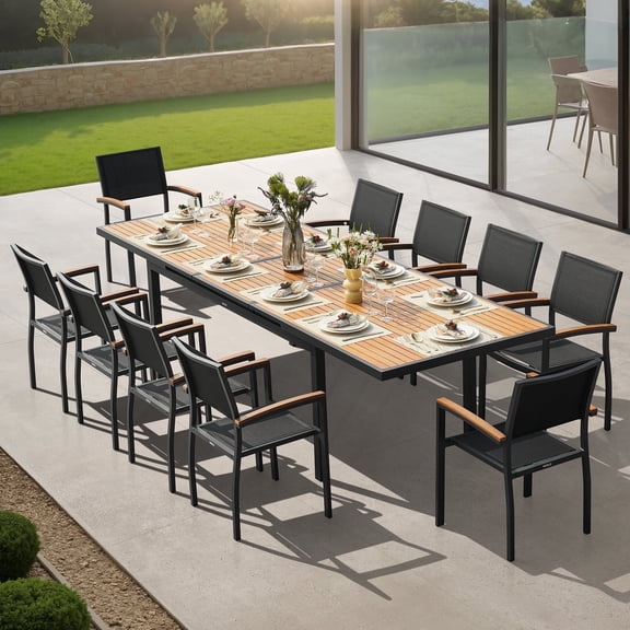 Heck 10 Person Teak Extendable Outdoor Patio Dining Set for 10, Aluminum Frame