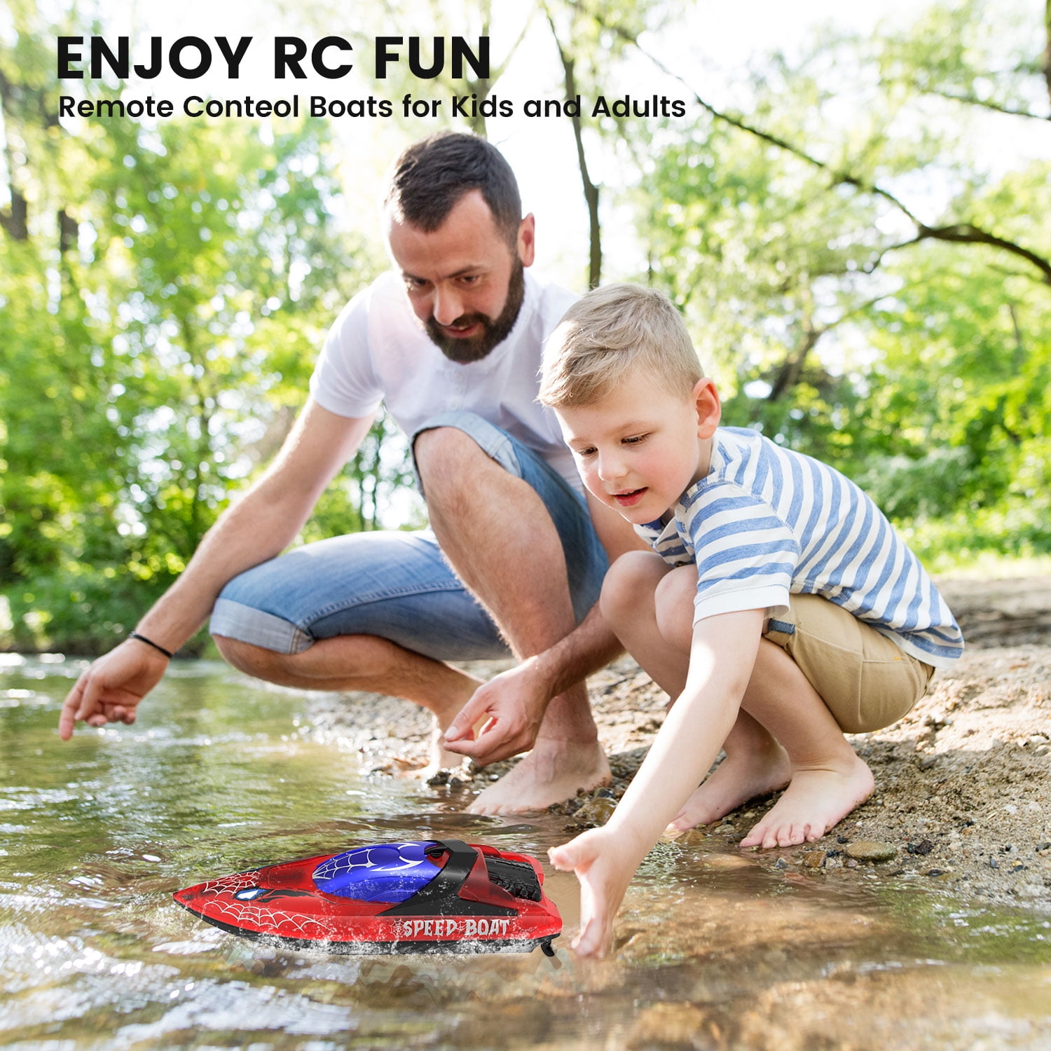 JoyStone RC Boat for Pools and Lakes, 2.4G Remote Control Boat with LED Lights, Racing Boats for Kids & Adults with 2 Rechargeable Battery, Gifts for Boys Girls (Red)