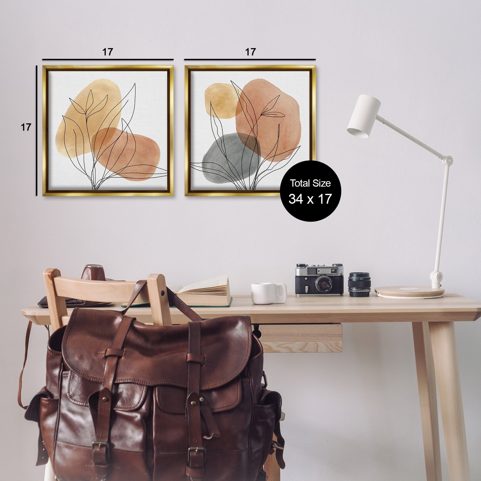 Stupell Industries Simple Neutral Southwestern Botanicals Abstract Painting Gold Floater Framed Canvas Art Print Wall Art, 18 x 18, Set of 2