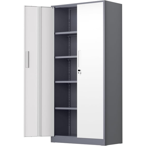 72" Metal Storage Cabinet - Heavy-Duty Metal Garage Cabinet with 4 Adjustable Shelves & 2 Doors for Tools, Office, Home, Workshop,Grey & White-Small