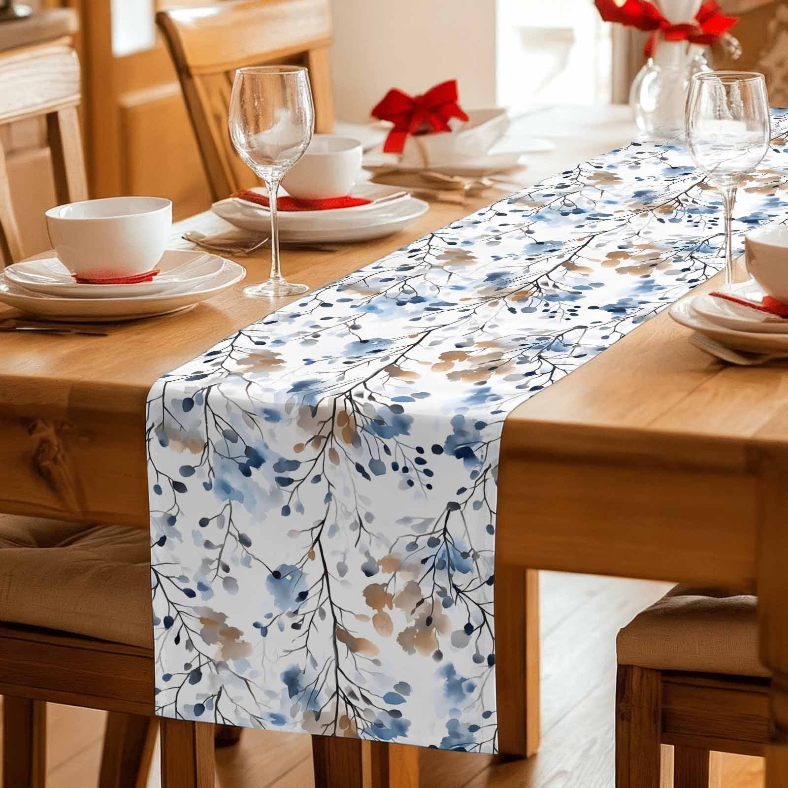 Blue Brown Spring Floral Table Runner, Summer Botanical Art Washable Cotton Linen Table Runners 90 Inches Long, Dresser Scarf Runner for Dining/Coffee/Kitchen/Hallway Tables 13''x90''