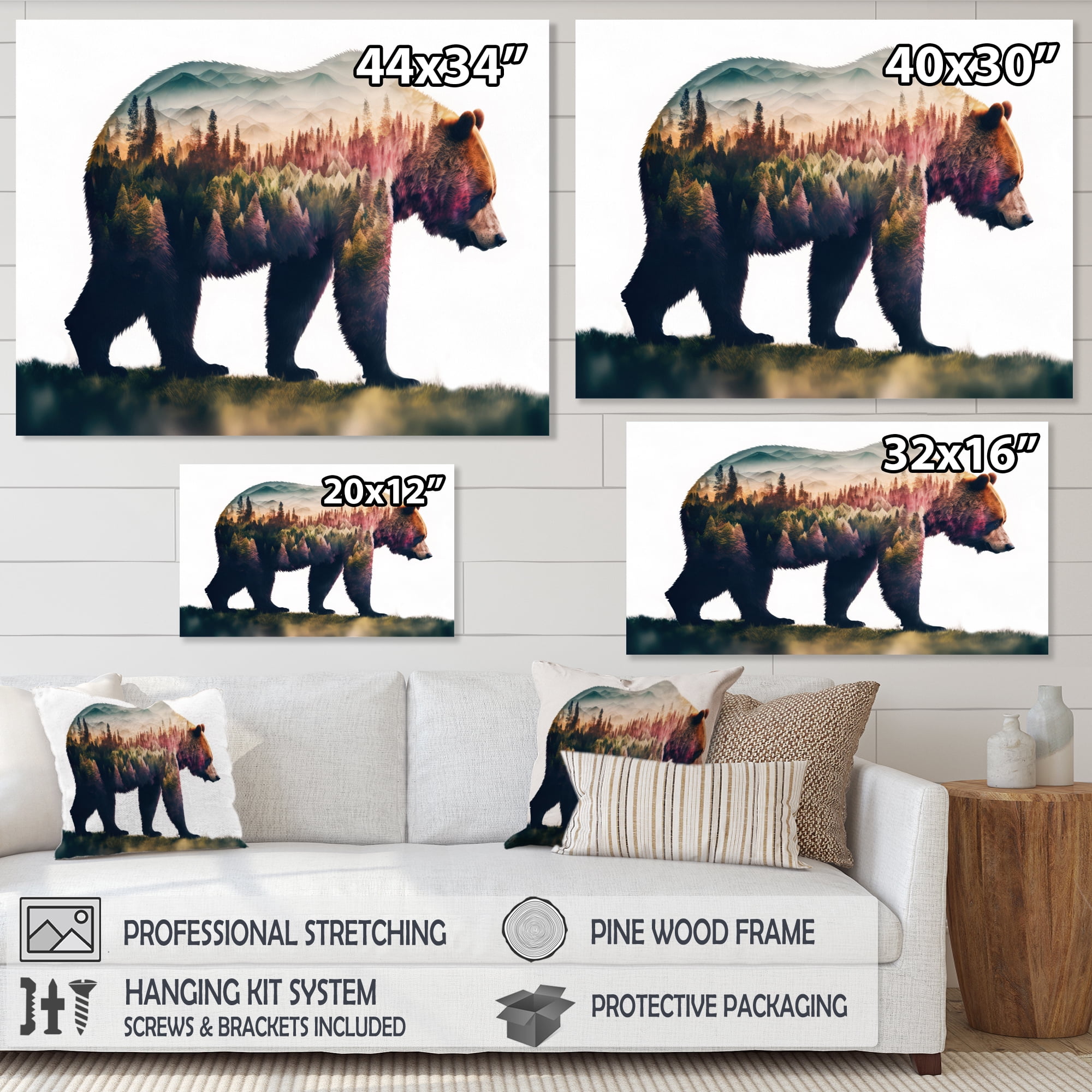 Designart Double Exposure Of A Bear With Forest IV Canvas Wall Art