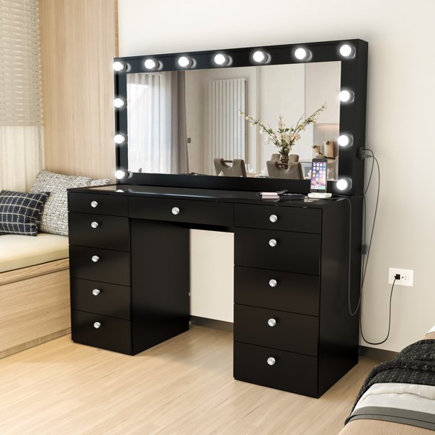 Boahaus Yara Pro Modern Vanity Table with Crystal Knobs, Black Painted