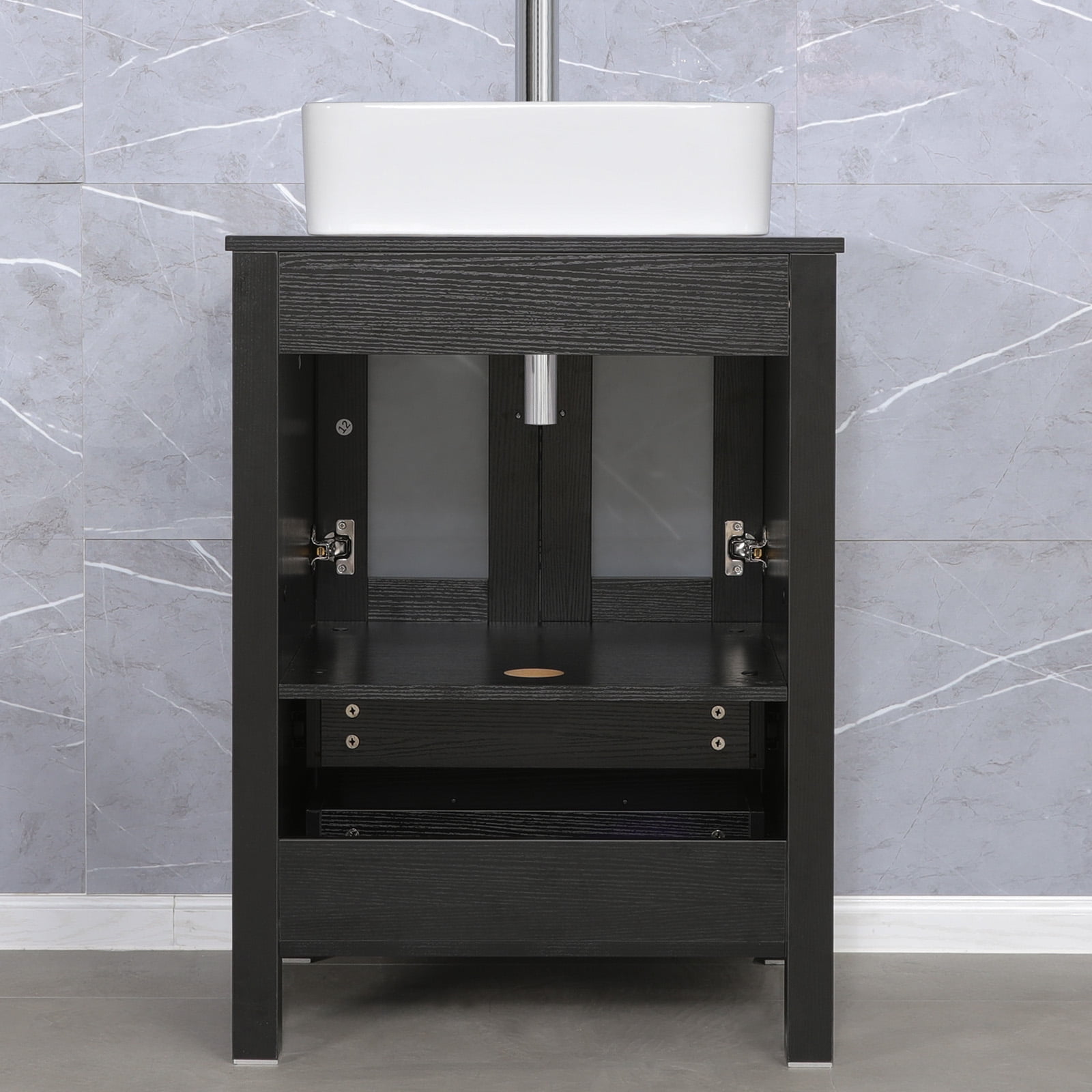 Eclife 24" Black Bathroom Vanity Set with Wood Top, White Ceramic Sink, Water Saving Faucet, Pop up Drain Combo