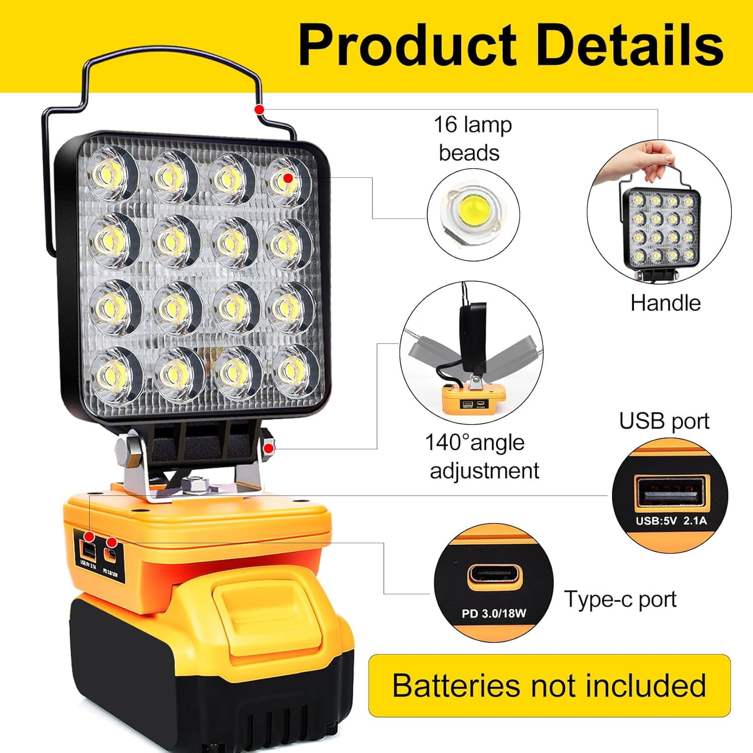 Cordless LED Work Light for Dewalt 20V Max Battery, Flood Lights Battery Light with Low Voltage Protection USB and Type C Output Port LED Light for Job Site/Camping/Power Outage - Only Tool Light