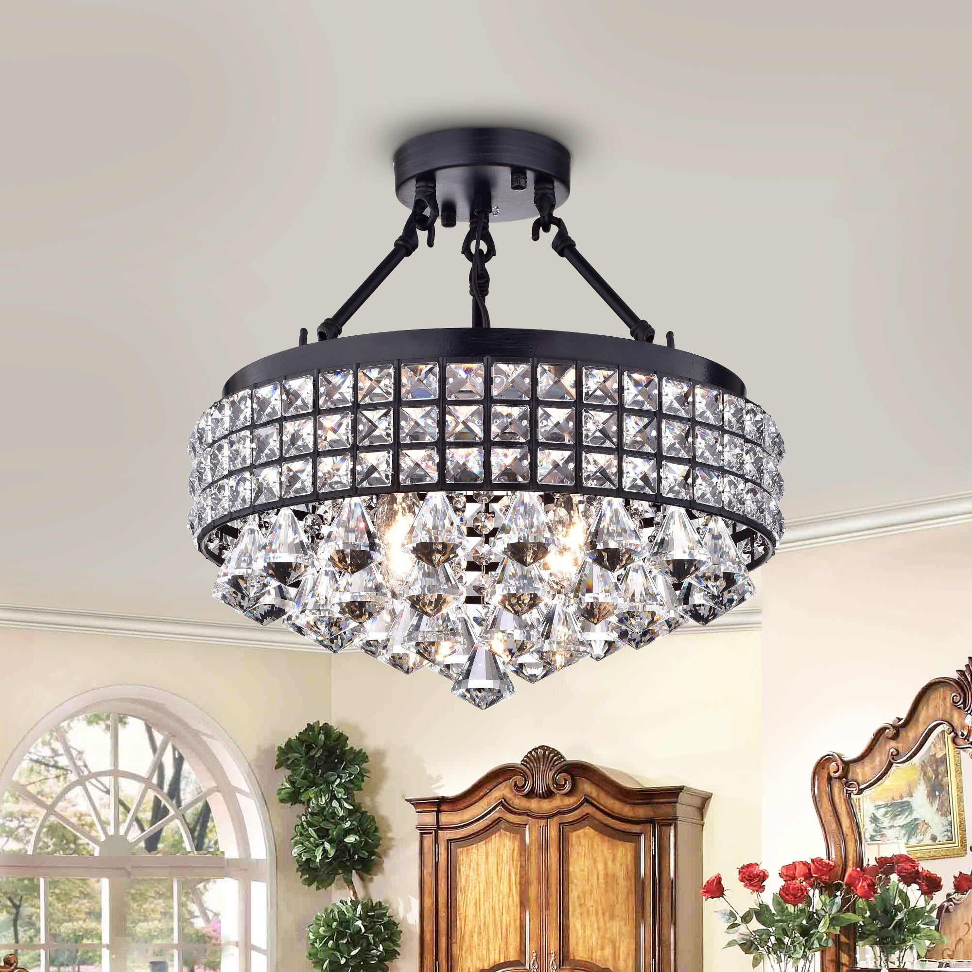Daya Antique Bronze Crystal Metal 15 Inch Semi Flush Mount Lamp