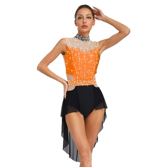 Zaldita Womens Figure Skating Dress Sleeveless Shiny Rhinestones Skirted Leotard Orange S