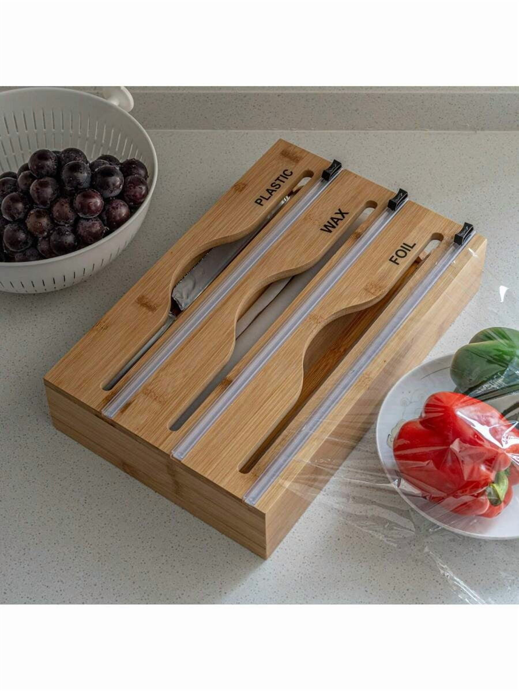 Single Bamboo Plastic Wrap Dispenser, Kitchen Organizer, Aluminum Foil and Plastic Wrap Storage Box, Suitable for Kitchen Use (Brown)
