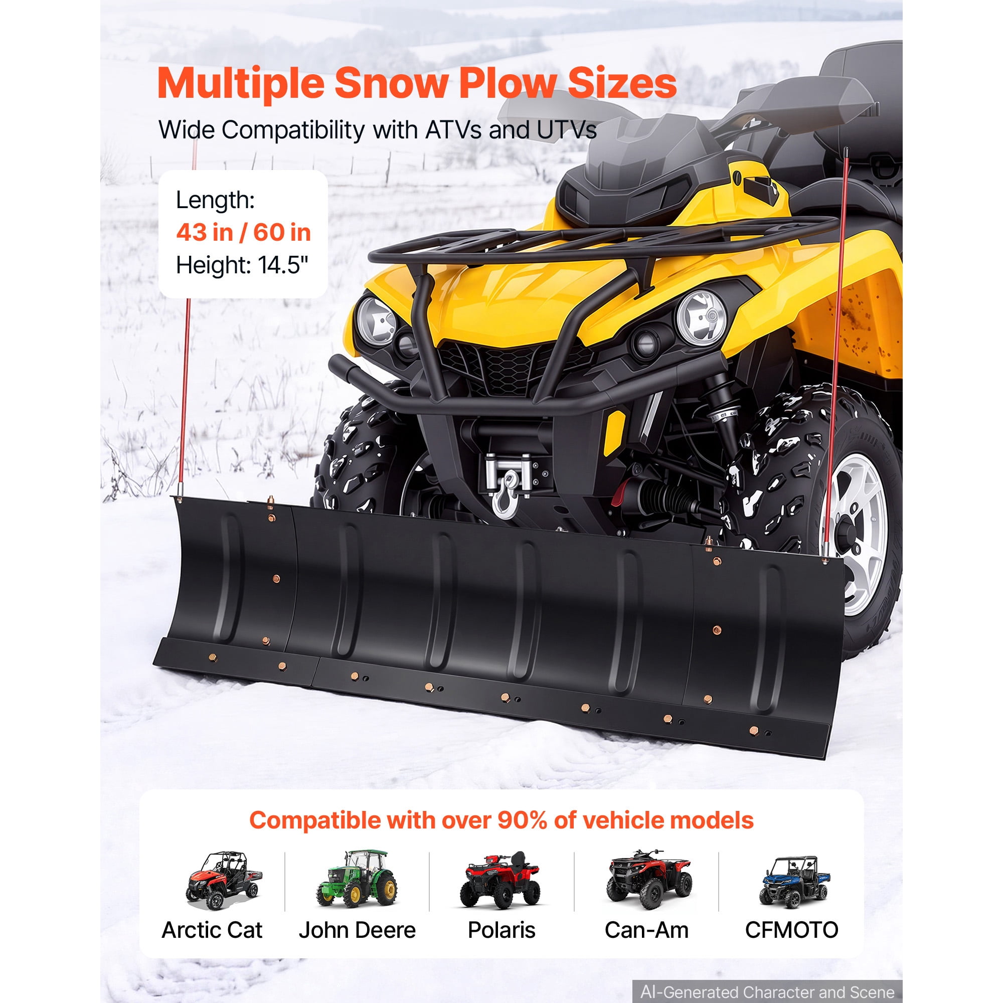 KFFKFF Adjustable Snow Plow Kit with 43-60 Inch Width for ATVs and UTVs, Features Height and Angle Adjustments, 3 Mounting Options, Durable Steel Blade for Effective Snow Removal