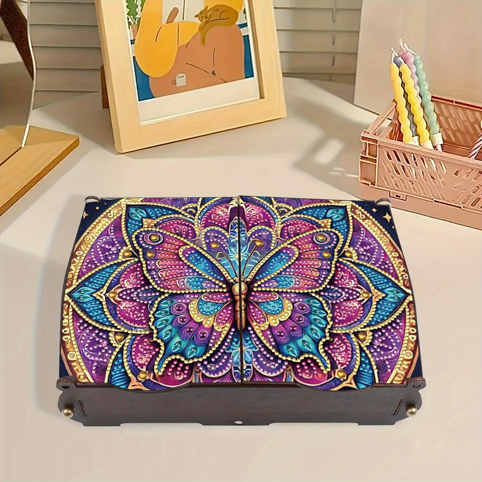 FLOPESN DIY Diamond Art Painting Jewelry Box,Creative Design Wooden Lid Rectangular Storage Case for Home Decor-Butterfly-2