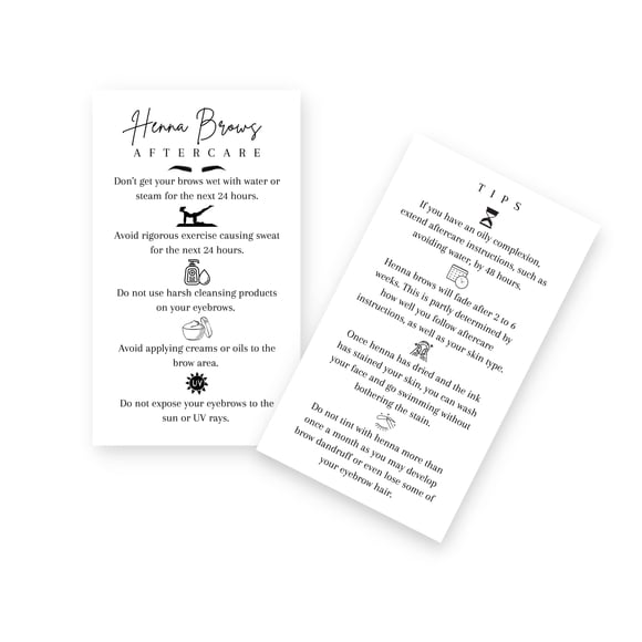 Tarjetas de consejos y cuidados posteriores con henna para cejas | Tamaño de tarjeta de visita impresa física de 2 x 3,5 pulgadas | Suministros para artistas de cejas | Diseño de tarjeta blanca