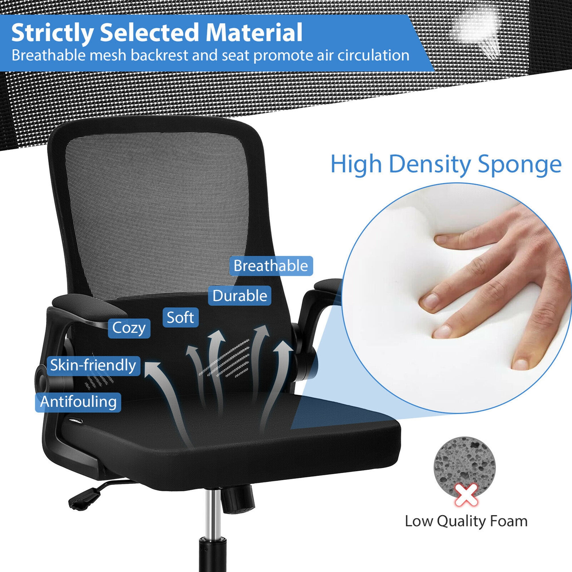 Angeles Home Black Sponge Office Chair with Flip-Up Arms and Foldable Backrest