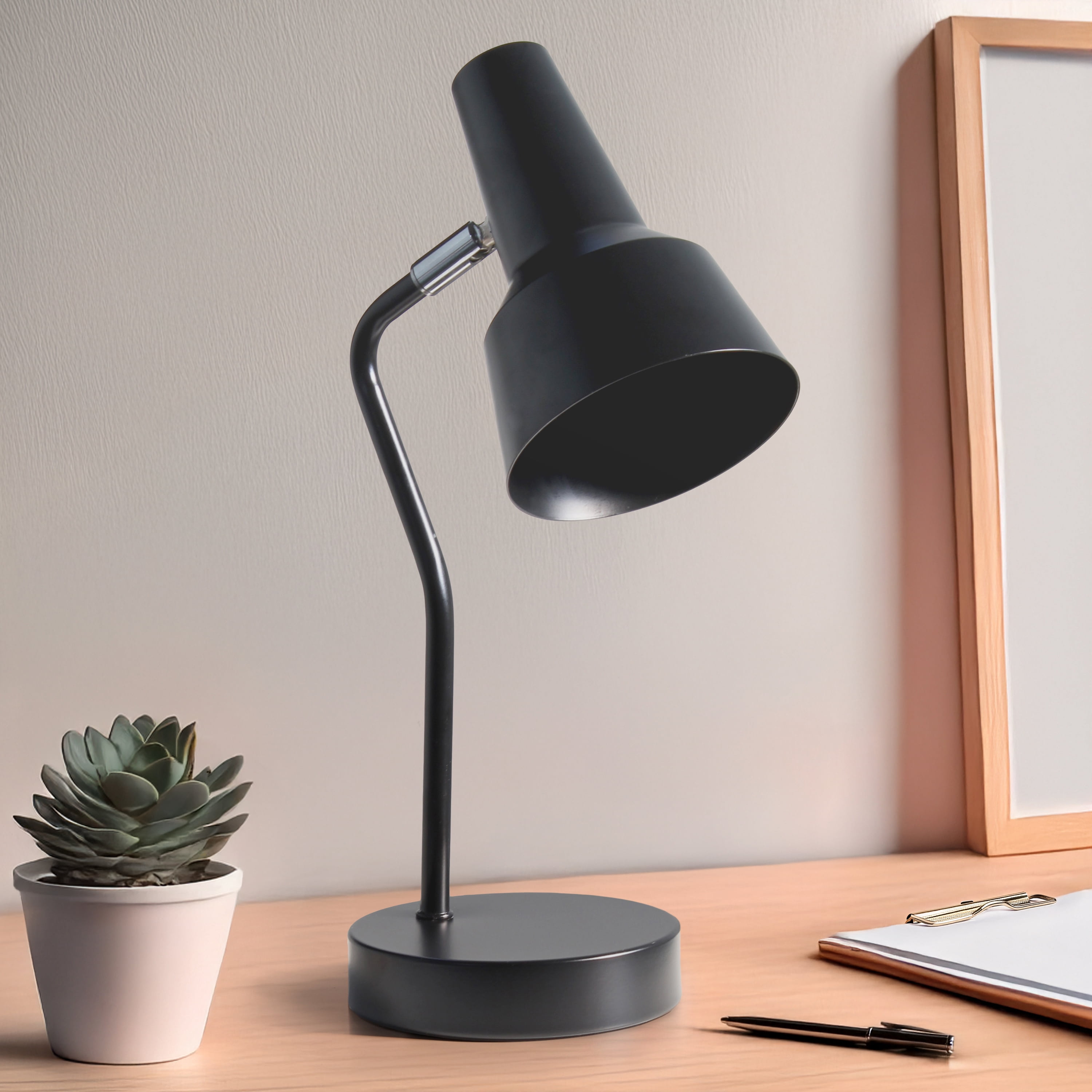 Simple Designs 15.2" Sleek Essentials Metal Cone Shade Desk Lamp With Adjustable Shade, For Office, Desk, Nightstand, Dorm, Black