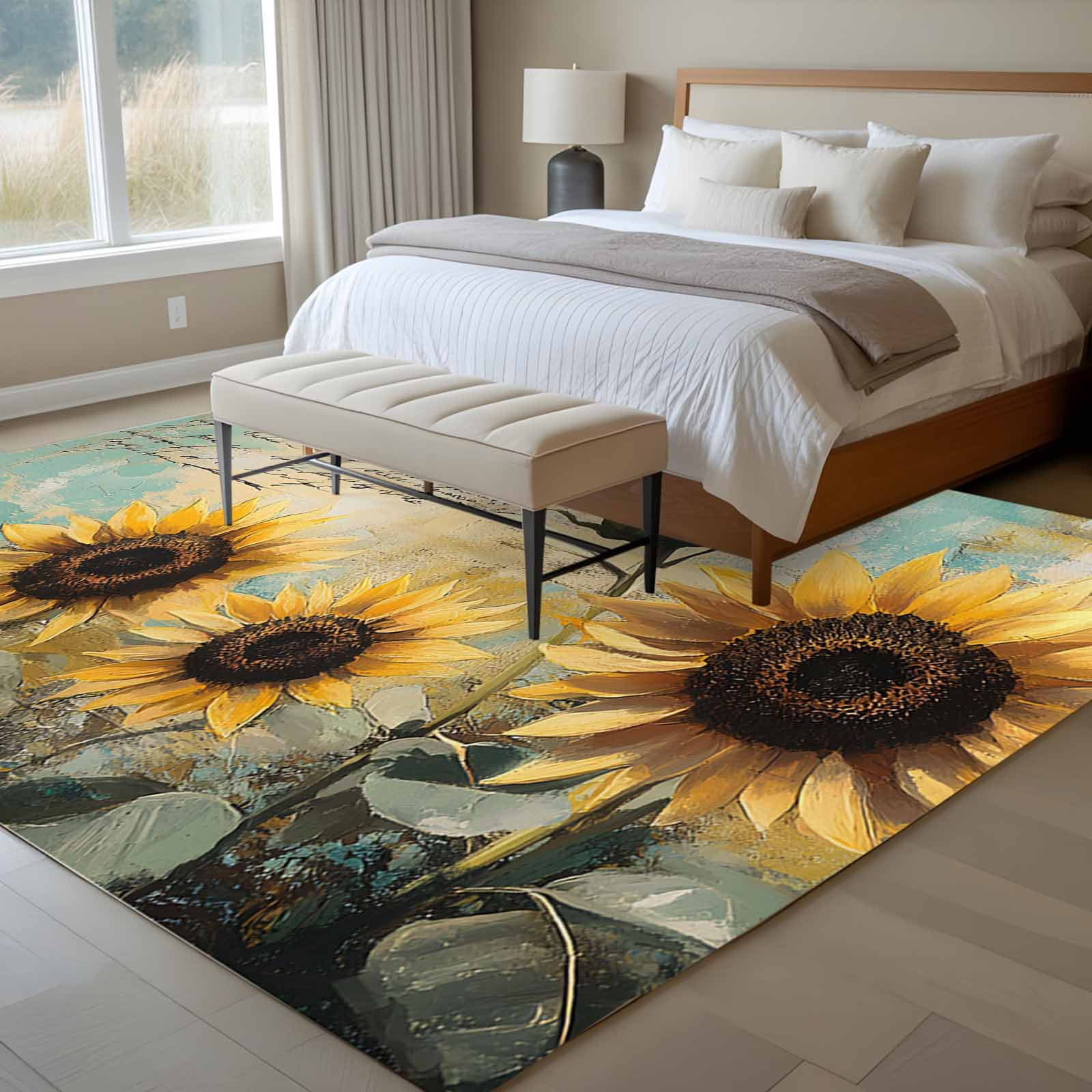 6'x9' Area Rugs, Sunflower Indoor Outdoor Area Rug for Living Room Bedroom, Farmhouse Vintage Summer Botanical Pastoral Washable Bathroom Rugs Kitchen Floor Carpet Mats Home Decor Aesthetic