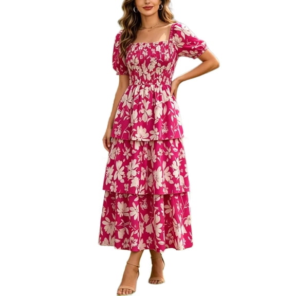 Women's Puff Sleeve Summer Vacation Maxi Dress, Boho Floral Print Square Neck Layered Wedding Guest Beach Dresses