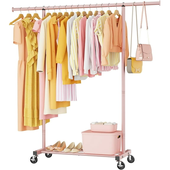Clothes Clothing Garment Rack with Wheels,46.5" L Portable Rolling Clothing Racks for Hanging Clothes, Sturdy Closet Wardrobe Rack Clothes Storage Organizer Hanger for Coats, Shirts, Dress,Pink