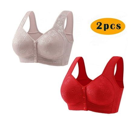 Crunowin Women s 2Pc Plus Size Wireless Bra  Solid Color Non-Steel Ring Gathering Casual Comfort Bras for Women Red 4XL