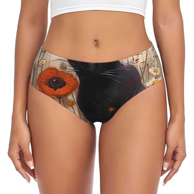 Balery Black Cat in Wildflowers Ropa Interior de Algodón para Mujer con Dibujo – Braguitas Cómodas y Elásticas, Estilo Clásico-Small