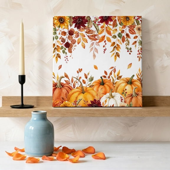 Thanksgiving Pumpkin Fallen Leaf Canvas Wall Art, Framed Wall Art Waterproof Canvas Prints Paintings 8"x8", Autumn Flower Leaves Oil Painting for Bedroom Living Room Bathroom Home Decor