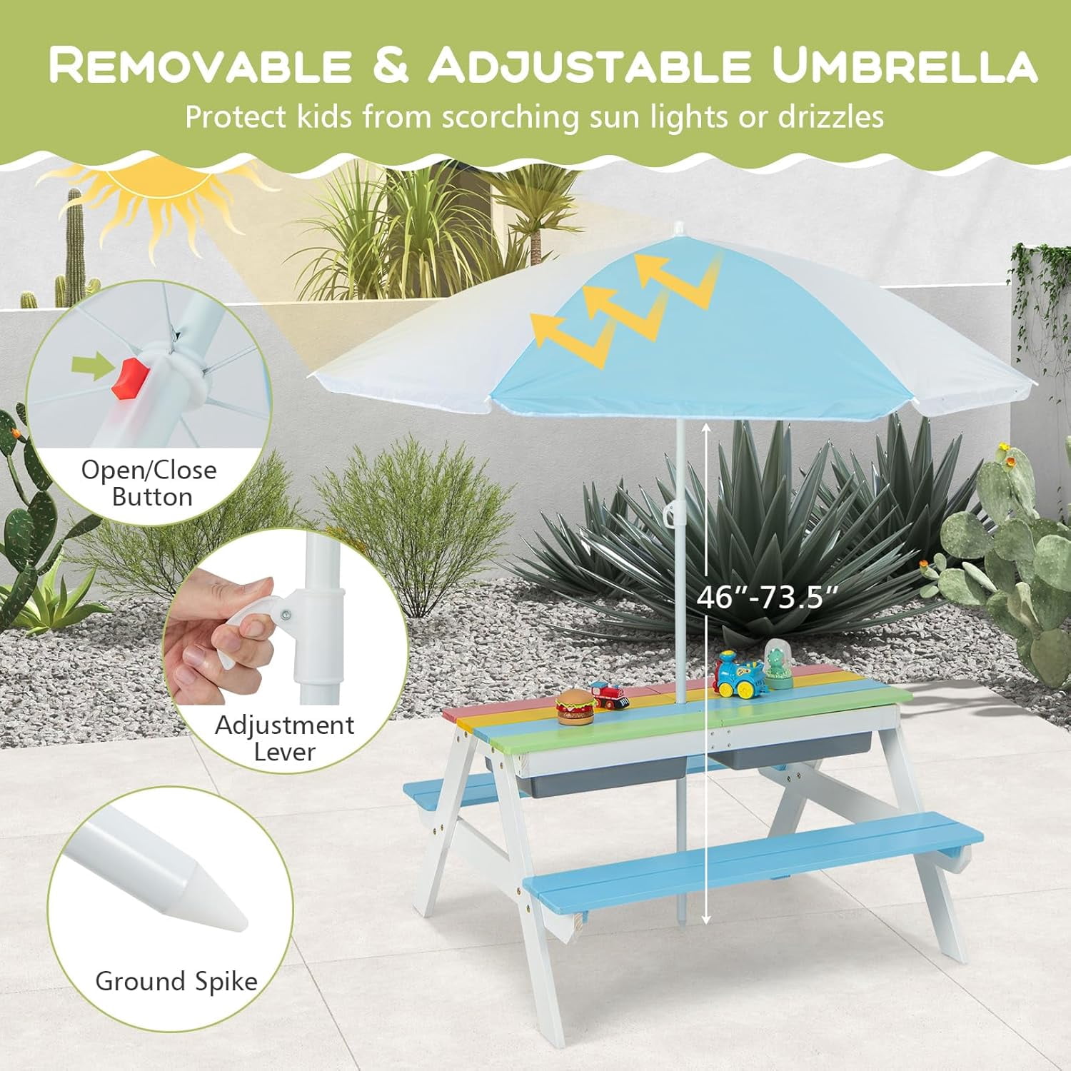 DORTALA Kids Picnic Table, 3-in-1 Water & Sand Activity Table with Height Adjustable Umbrella & Removable Tabletop, Outdoor Wooden Bench & Table Set for Toddler, for Garden, Yard & Patio, Blue