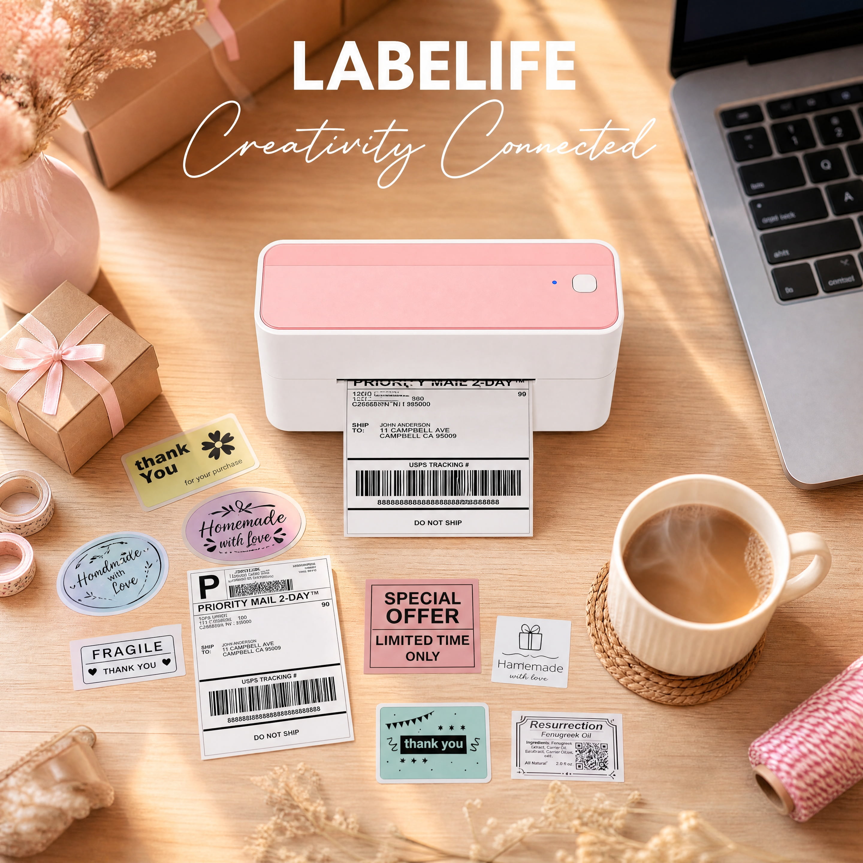 Wuduguer Shipping Label Printer - 241BT 4X6 Wireless Thermal Label Printer, Bluetooth Thermal Label Printers for Small Business, Compatible with iPhone, Android, Amazon, Shopify, UPS（Pink）