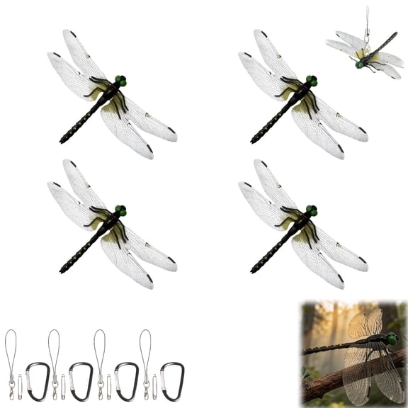 4pcs Dragonfly Clips, 3D Artificial Dragonflies with Safety Pins, Hanging Loops & Carabiner Clips to Keep Bugs Away for Garden Patio Decoration