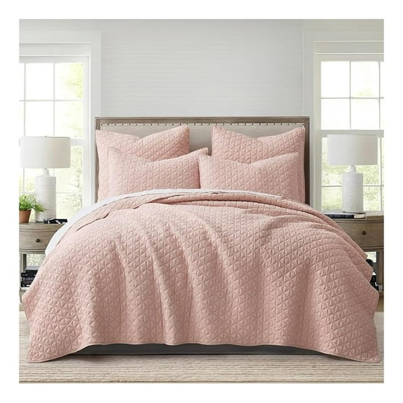 Levtex Rowan Quilt Set - Full/Queen - Boho Chic Crinkle Quilted Design - Reversible - 2 Shams Included Blush