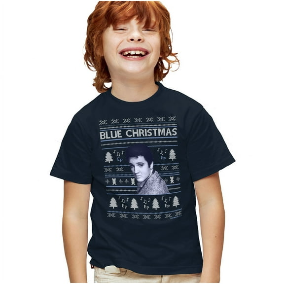 Elvis Blue Ugly Christmas Fair Isle Kids T Shirt for Youth Boys and Girls, Navy, X-Large