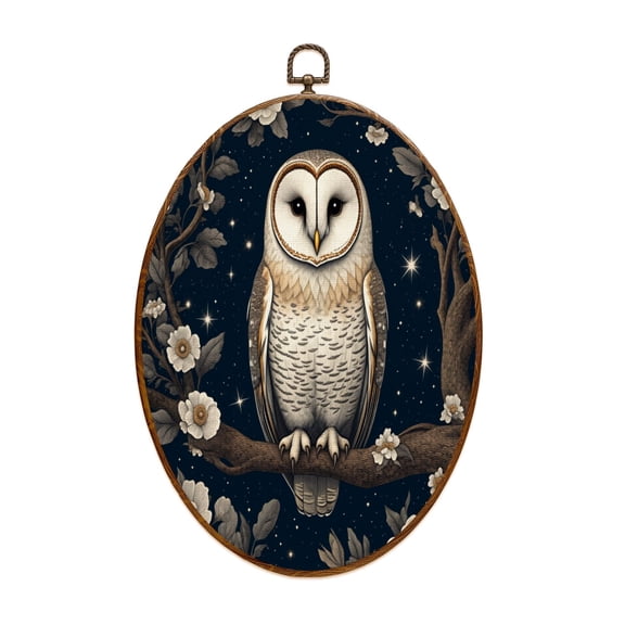 Owl Canvas Wall Art Forest Owl Starry Night Whimsical Cottagecore Animal Circular Dark Barn Flowers Oval Framed Canvas Prints Vintage Wall Hanging Decor for Home Decorations 8.6"x11.4"