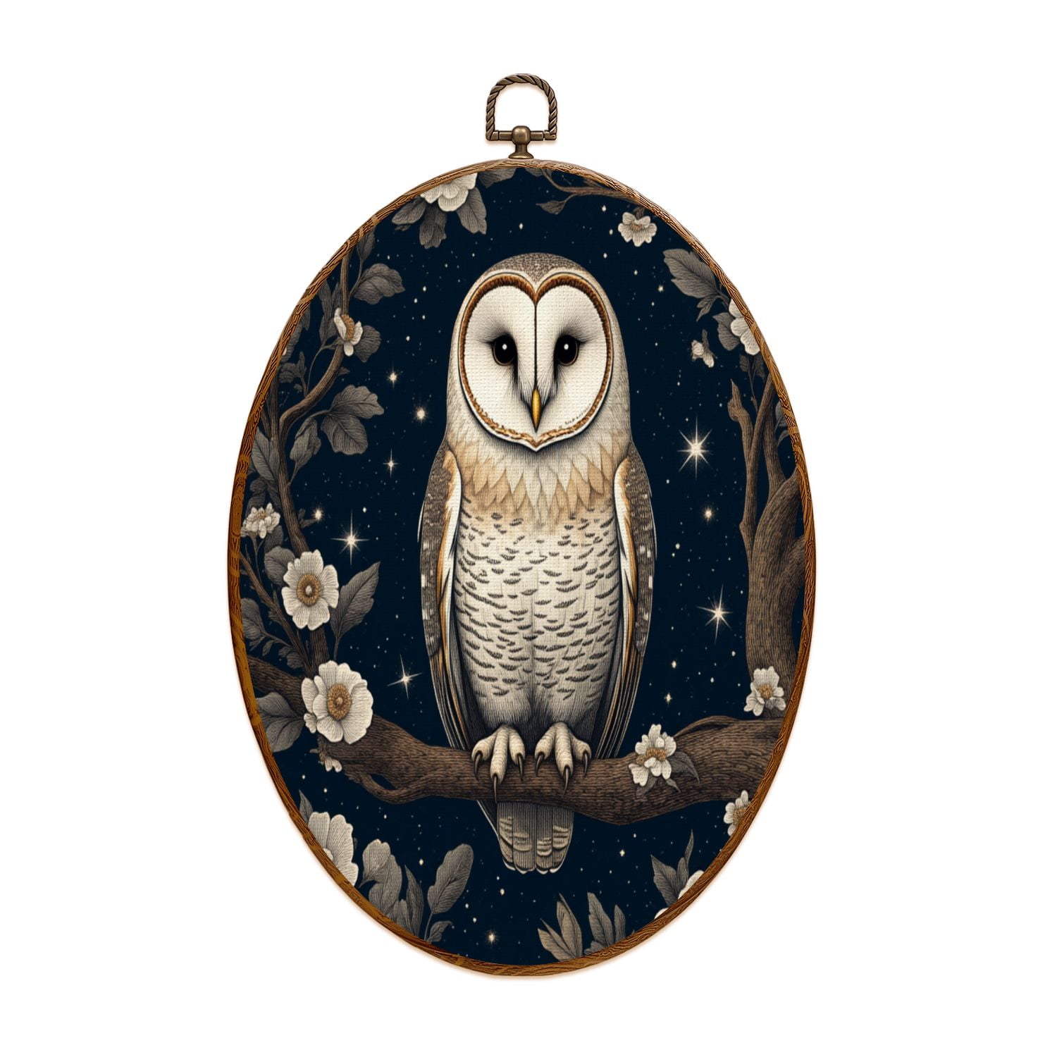 Owl Canvas Wall Art Forest Owl Starry Night Whimsical Cottagecore Animal Circular Dark Barn Flowers Oval Framed Canvas Prints Vintage Wall Hanging Decor for Home Decorations 8.6 x11.4