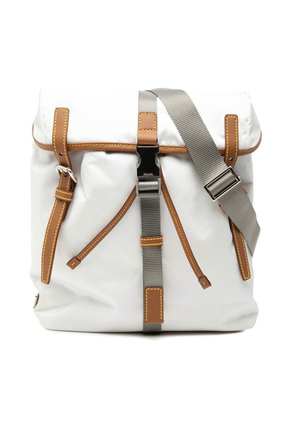 Pre-Owned Prada Triangle Logo Plate Shoulder Bag 2VL028 White Leather and Tessuto Nylon Women's...