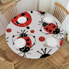Elastic Edged Outdoor Round Tablecloth Red Nature Insect Print Fitted Table Cover for Holiday Decoration Oil-Proof Waterproof Table