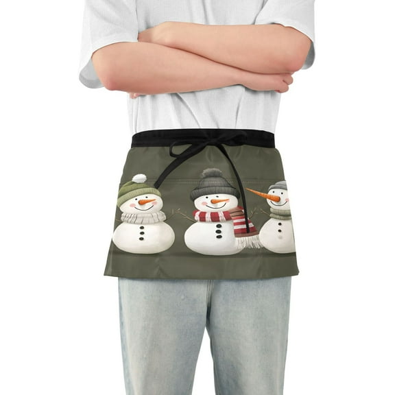 Yayeee Waist Apron with Pockets for Cooking Waterproof Half Server Aprons, Gray Cute Snowmen