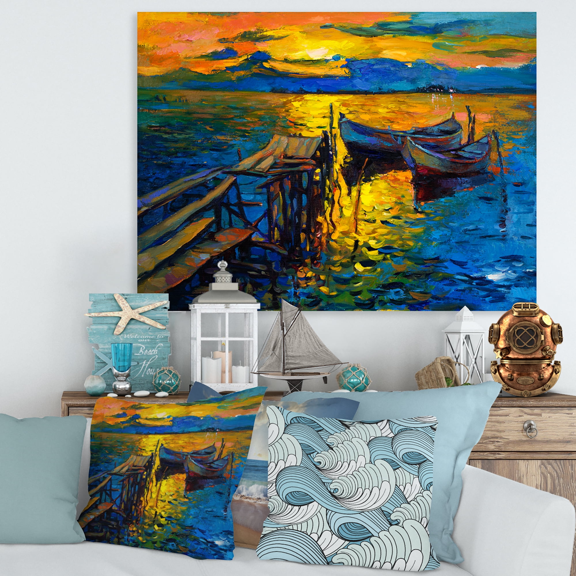 Designart ' Boat At The Lake During Evening Glow II ' Nautical & Coastal Canvas Wall Art Print