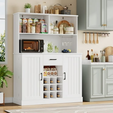 Homfa 63" Coffee Bar Cabinet with 9 Wine Racks, Modern Kitchen Pantry Cabinet with Storage Doors, Freestanding Cupboard for Living Kitchen Dining Room, White