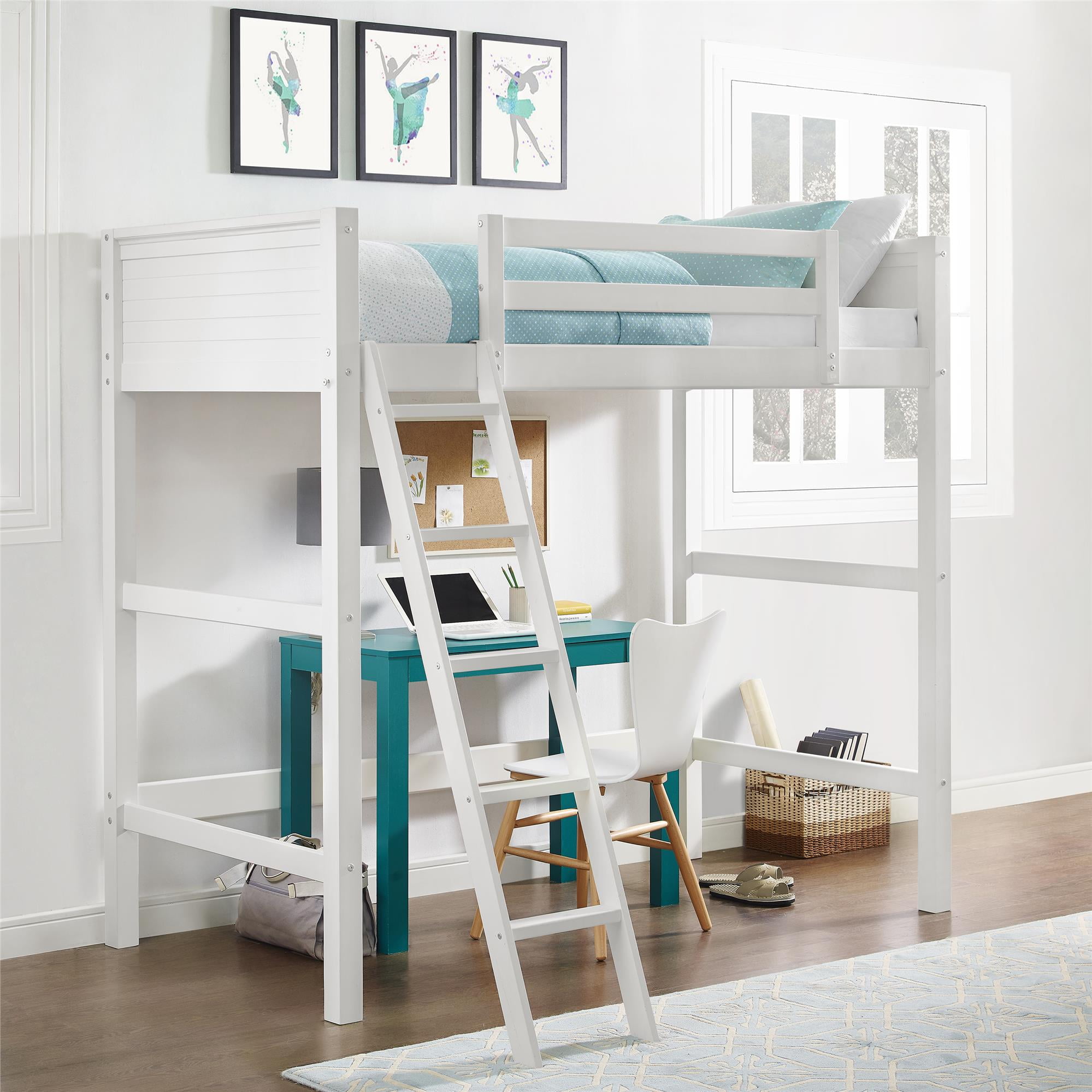 Twin Bed Loft Wood Kids Bunk Furniture Bedroom Ladder Desk Over White 