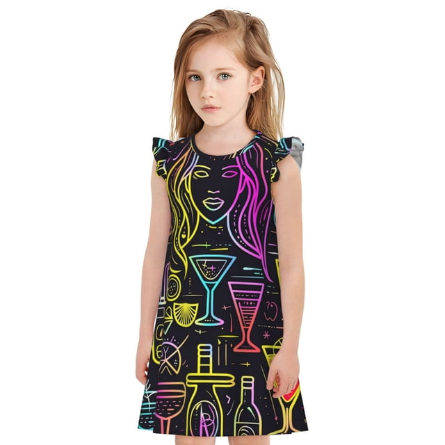 Fotbe Neon Bar Drinks Vestido de Dormir para Niñas de 3 a 10 Años, Mangas Cortas, Estilo Princesa, Pijama Camisón con Mangas Voladas-Small