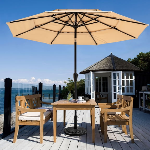 Nuu Garden 9 FT Round Outdoor Patio Umbrella, Outdoor 3-Tier Market Umbrellas with Crank Handle, One-Button Tilt and 8 Reinforced Ribs, Water Resistance, UV Protection for Deck, Pool, Backyard, Khaki