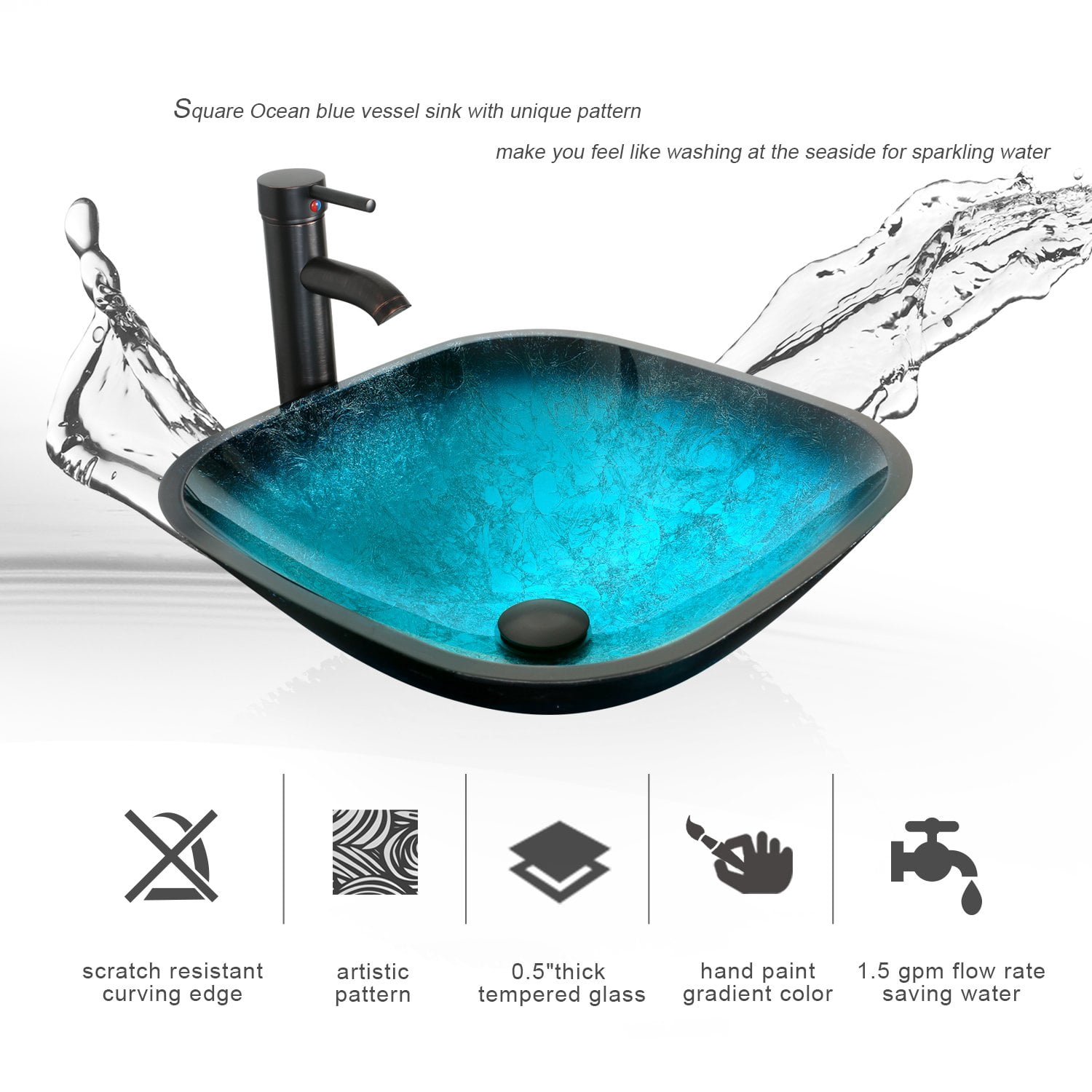 Eclife 24" Black Bathroom Vanity Set with Wood Top, Green Glass Sink, Water Saving Faucet, Pop up Drain Combo
